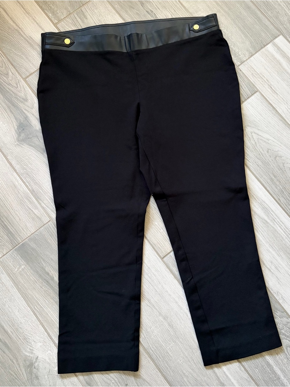 Anne Klein Black Ponte Pull-On Pants with Faux Leather Waistband